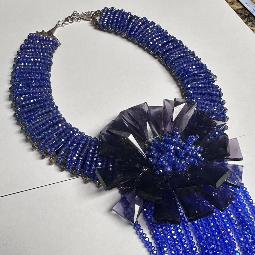 Incredible Iridescent Purple Beaded Statement Necklace with Floral Centerpiece